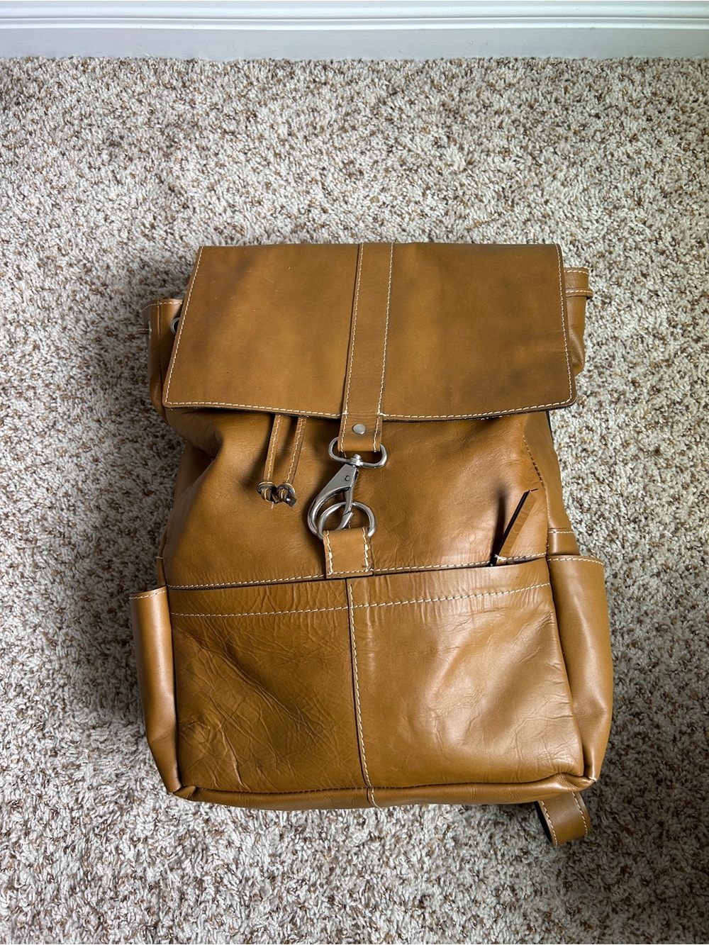 Vegan Leather Caramel Brown Large Backpack with Silver Hardware Unisex